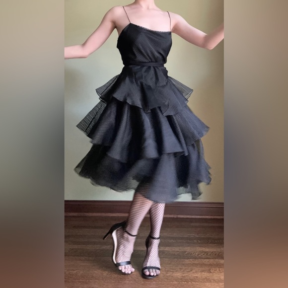Wednesday Dress, Tiered Ruffled Formal Gown, Tea Length, Goth Prom Dress - Picture 2 of 14